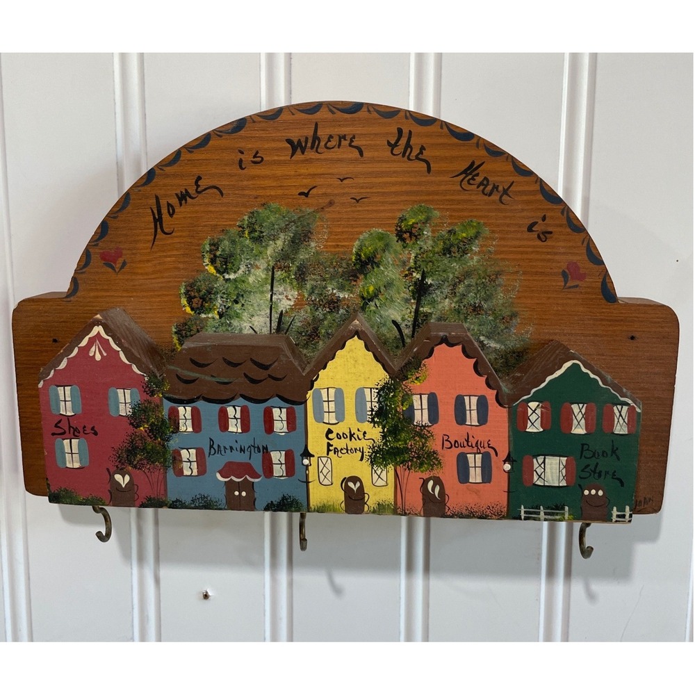 Vintage Hand Painted Wood Village Key Rack Home Is Where The Heart Is Plaque